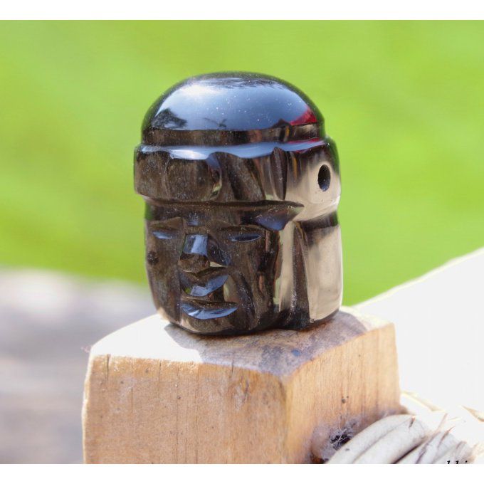 Visage tête Olmèque amérindien bijou Mexicain pendentif pierre obsidienne dorée