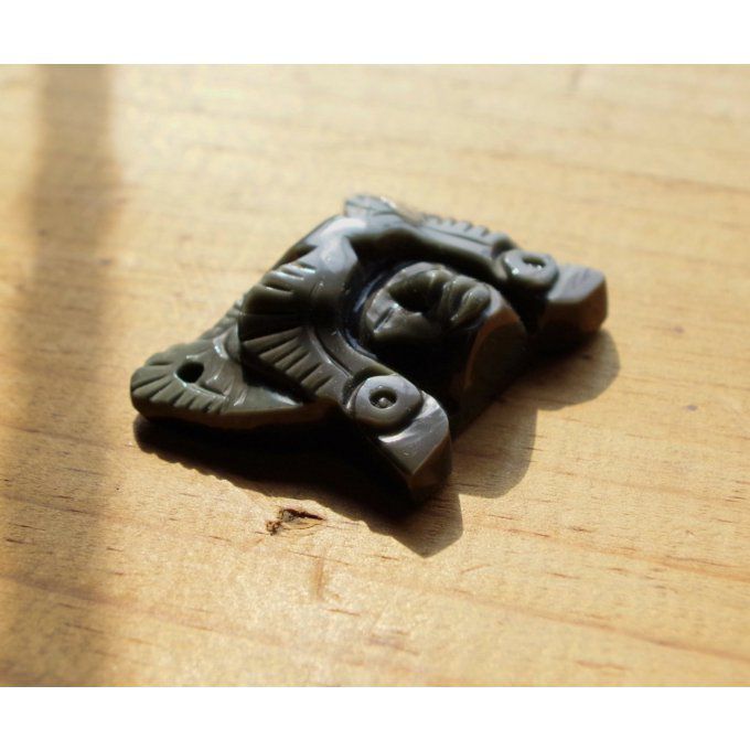 Masque Aztèque Maya JAguar Visage amérindien bijou Mexicain pendentif pierre obsidienne oeil celeste