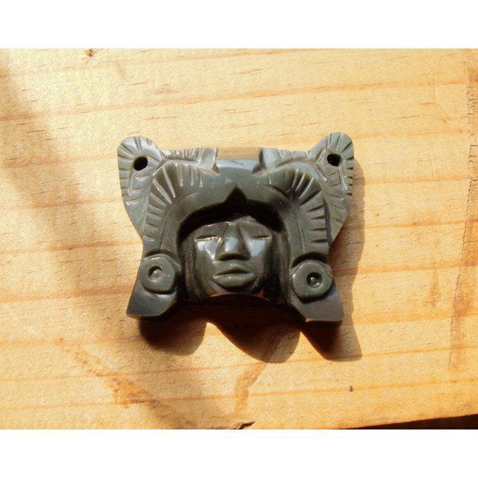 Masque Aztèque Maya JAguar Visage amérindien bijou Mexicain pendentif pierre obsidienne oeil celeste