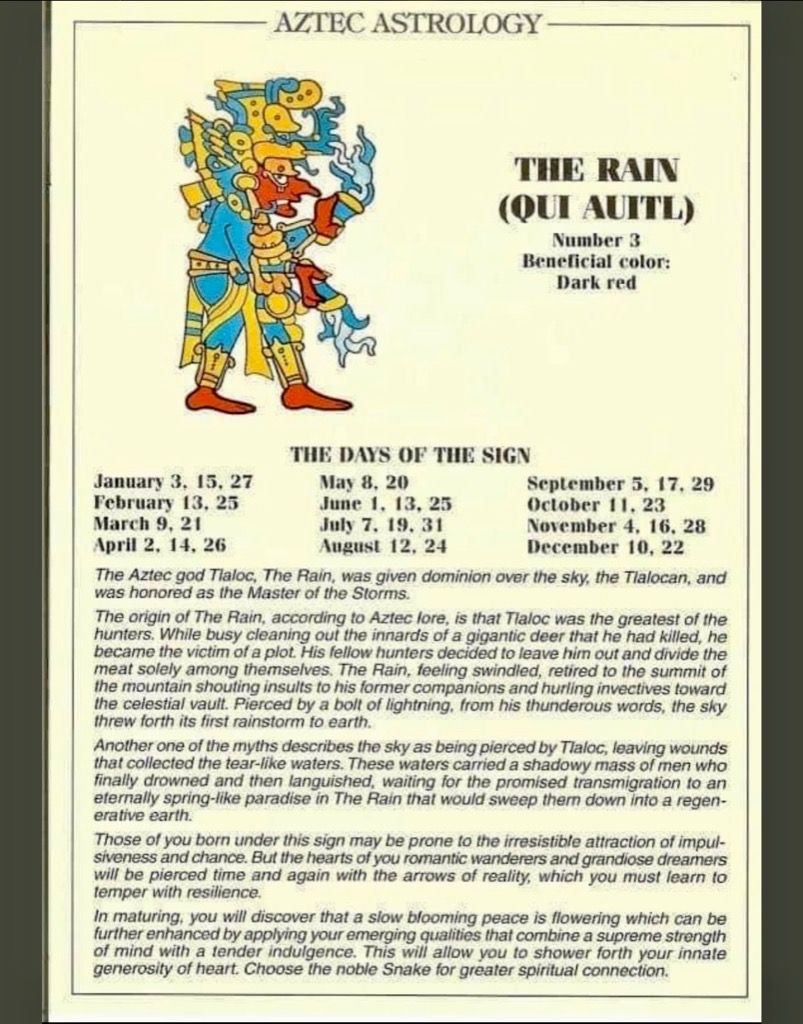 Aztec Astrology sign Qui Auitl  the Rain