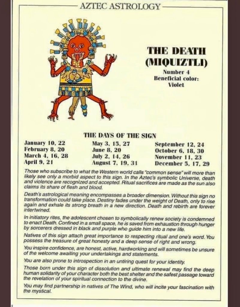 Aztec Astrology sign Miquiztli the Death