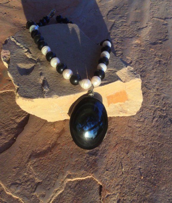 Obsidienne oeil celeste arc en ciel pendentif collier femme, bijou Mexicain naturel pierre 