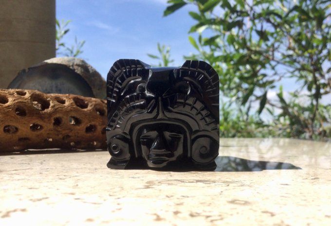 Pipe cérémonie  pierre sculptée obsidienne du MExique Guerrier Jaguar-collection 