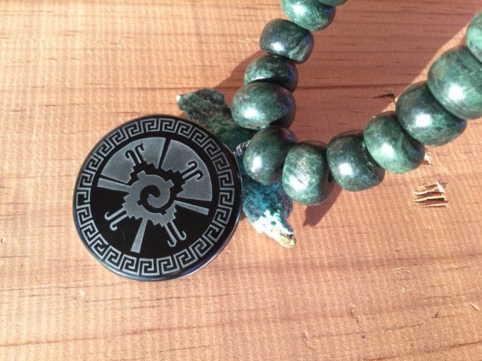 Bijou Maya Pierre Hunab ku YIN YANG obsidienne symbole amérindien collier  perles jade serpentine