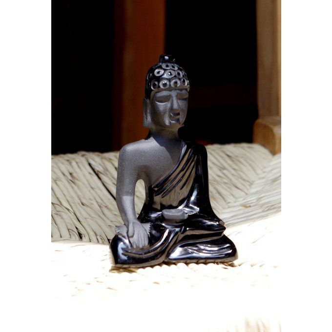 Bouddha Siddharta Gautama taillé pierre semi precieuse obsidienne noire méditation spiritualité