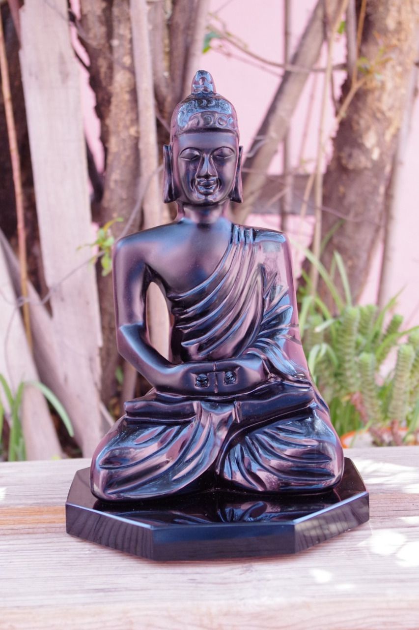 Exclusive  sculpture Bouddha Siddharta Gautama en pierre fine obsidienne noire du Mexique