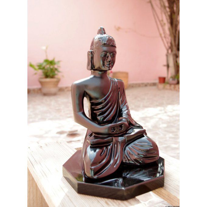 Exclusive  sculpture Bouddha Siddharta Gautama en pierre fine obsidienne noire du Mexique