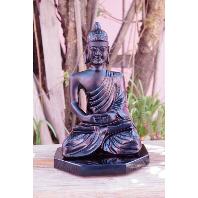 Sculpture Bouddha obsidienne noire pierre fine volcanique Mexique 30cm , art collection statue boudd