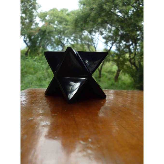 Grande étoile merkaba sculpture gemme obsidienne noire du Mexique purificatrice protectrice