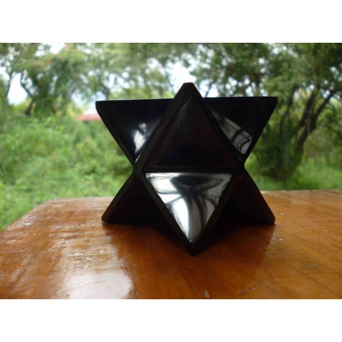 Grande étoile merkaba sculpture gemme obsidienne noire du Mexique purificatrice protectrice