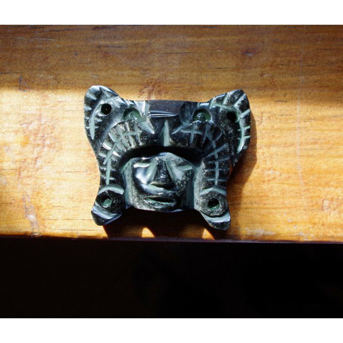 Masque Aztèque Maya JAguar Visage amérindien bijou pendentif pierre obsidienne dorée du MExique