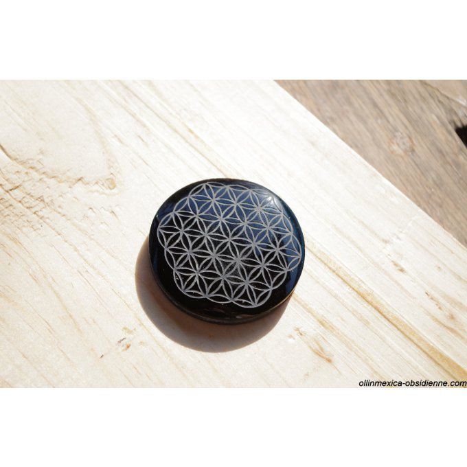pendentif symbole sacré obsidienne noire du MExique fleur de vie cabochon ou bijou 6cm