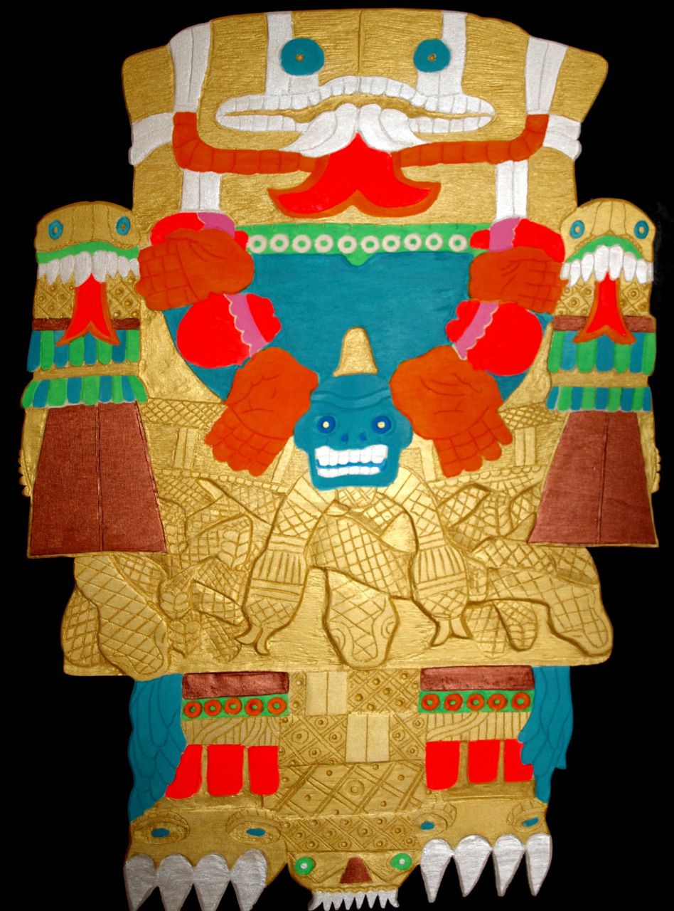Tableau Coatlicue divinité Terre-Mère Mexica-oeuvre dessin sur bois 3D- woodcut native american art