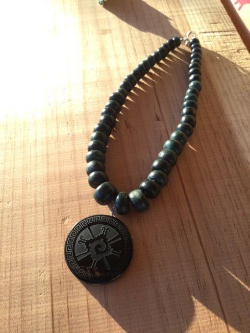 Bijou Maya Pierre Hunab ku YIN YANG obsidienne symbole amérindien collier  perles jade serpentine 